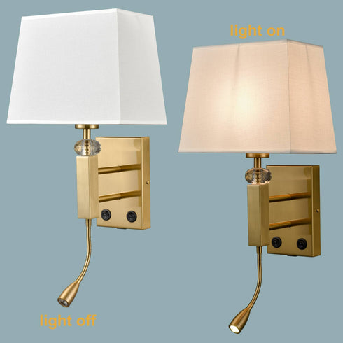 Set of 2 Modern Brass Gold with White Fabric Wall Sconces with USB Charging Port|Twin on/off Switch|LED Reading Light for bedroom